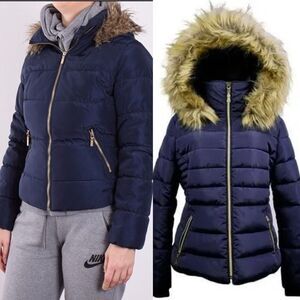 H&M navy blue puffer girls winter hooded fur size girls 6